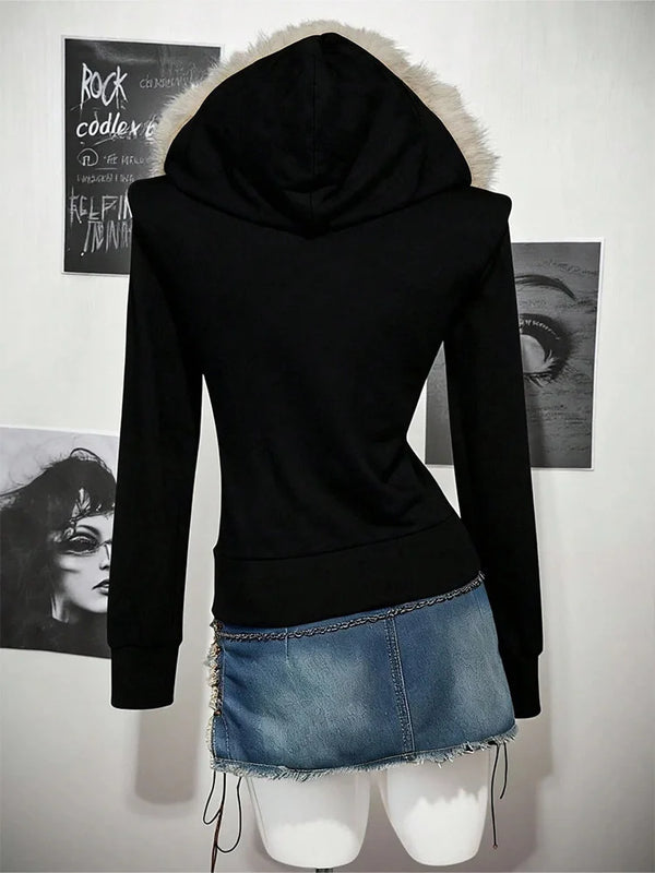 Y2K Gothic Fur Collar Hoodie