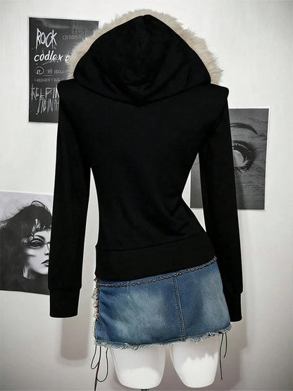Y2K Gothic Fur Collar Hoodie