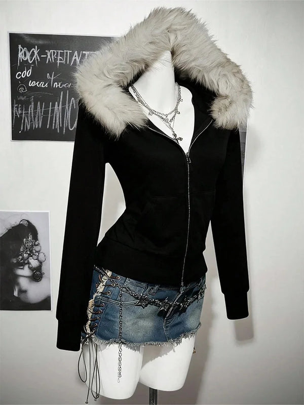 Y2K Gothic Fur Collar Hoodie