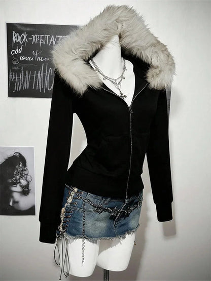 Y2K Gothic Fur Collar Hoodie