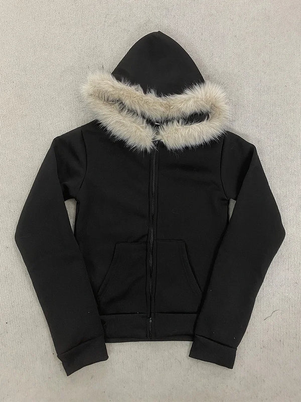 Y2K Gothic Fur Collar Hoodie