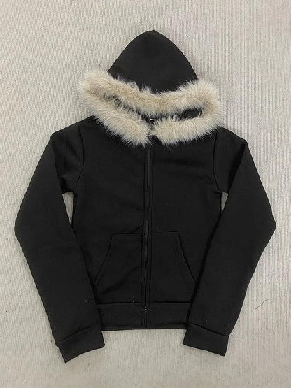 Y2K Gothic Fur Collar Hoodie