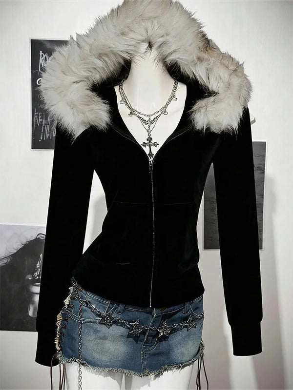 Y2K Gothic Fur Collar Hoodie