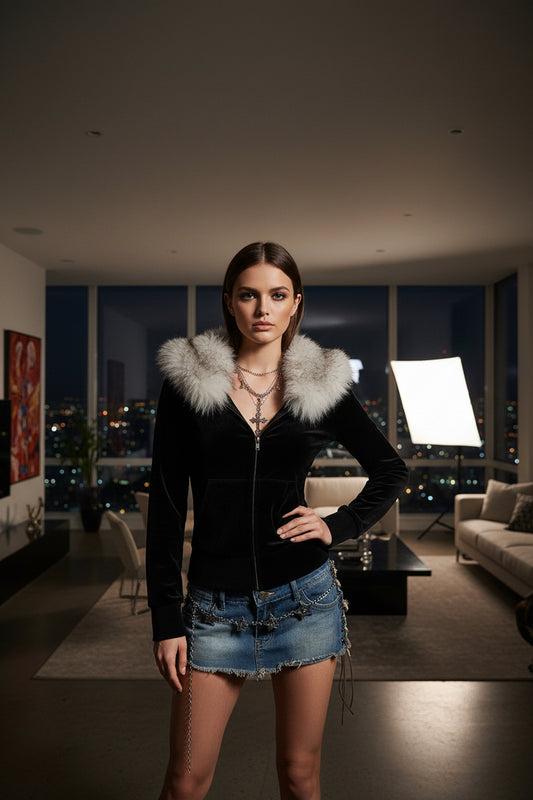 Y2K Gothic Fur Collar Hoodie
